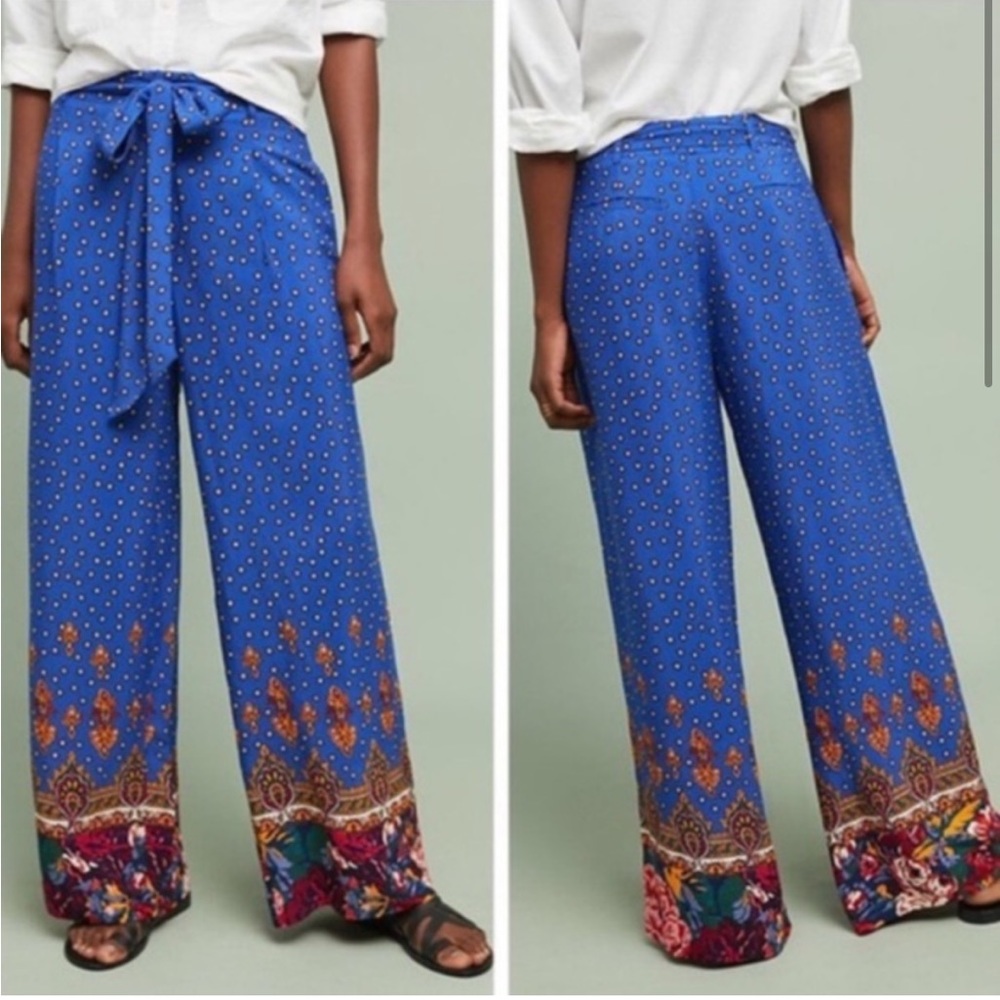 ANTHROPOLOGIE Ett twa Bohemian Printed Blue
Tie Waist Wide Leg Trousers